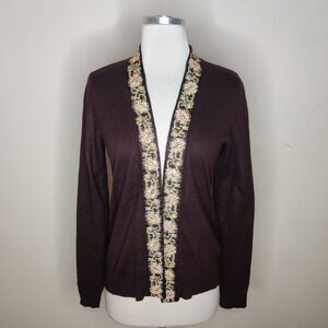 Cache Embroidered Cardigan Beaded Sequin Trim Open Front
